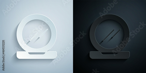 Paper cut Makeup powder with mirror icon isolated on grey and black background. Paper art style. Vector
