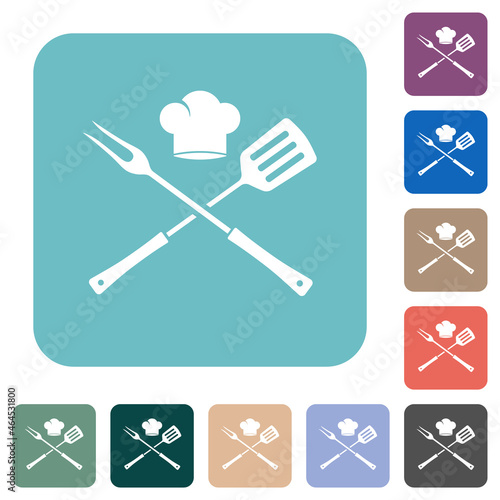 Barbecue fork and spatula with chef hat rounded square flat icons