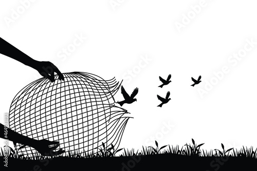 freedom concept vector silhouette, birds flying for freedom from bird trap net, the bird released from the net, bird set free.