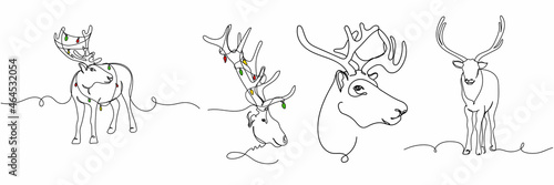 Vector continuous one single line drawing icon of set vector of reindeer with christmas style in silhouette on a white background. Linear stylized.
