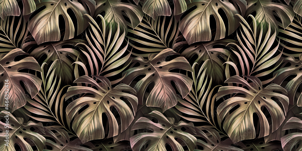 Tropical seamless pattern with palm leaves, monstera leaves in golden pink gradient. Hand-drawn dark vintage 3D illustration. Glamorous exotic abstract background. Good for luxury wallpapers, cloth - obrazy, fototapety, plakaty 