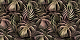 Tropical seamless pattern with palm leaves, monstera leaves in golden pink gradient. Hand-drawn dark vintage 3D illustration. Glamorous exotic abstract background. Good for luxury wallpapers, cloth