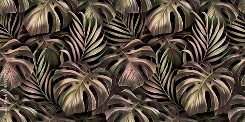 Tropical seamless pattern with palm leaves, monstera leaves in golden pink gradient. Hand-drawn dark vintage 3D illustration. Glamorous exotic abstract background. Good for luxury wallpapers, cloth