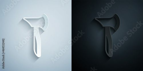 Paper cut Wooden axe icon isolated on grey and black background. Lumberjack axe. Paper art style. Vector