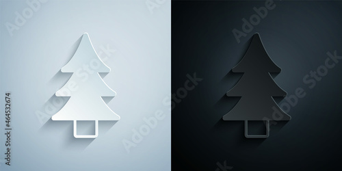 Paper cut Tree icon isolated on grey and black background. Forest symbol. Paper art style. Vector