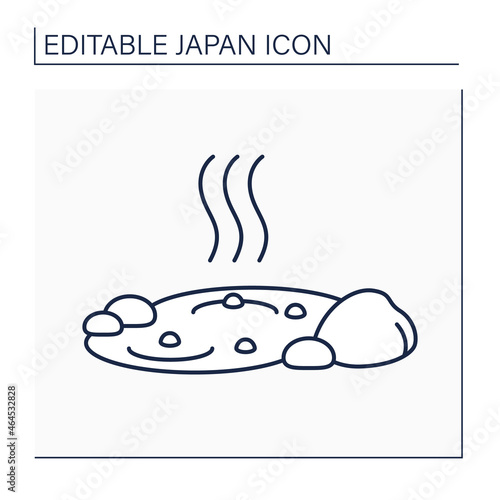 Hot spring line icon. Hydrothermal, geothermal spring. Onsen. Indoor and outdoor bathing facilities. Japanese culture concept. Isolated vector illustration.Editable stroke