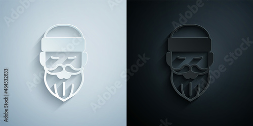 Paper cut Bearded lumberjack man icon isolated on grey and black background. Paper art style. Vector