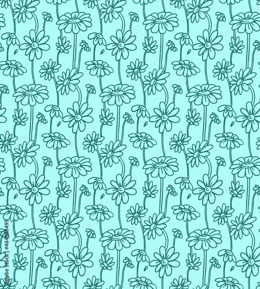 Endless pattern with daisies in turquoise shades on a light background. Delicate doodle style illustration for decor and fabrics
