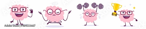 Vector set of creative illustration of happy pink brain in glass