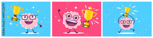 Wallpaper Mural Vector set of creative illustration of happy champion pink brain in glasses with golden winner cup on color background. Flat doodle style knowledge concept design of happy human brain character Torontodigital.ca
