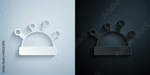 Paper cut Needle bed and needles icon isolated on grey and black background. Handmade and sewing theme. Paper art style. Vector