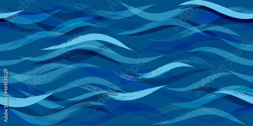 Seamless Wave Pattern, Hand drawn water sea vector background. Watercolor wavy beach brush stroke, curly grunge paint lines, modern design