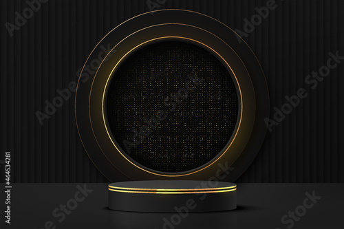Abstract realistic 3D black and gold cylinder pedestal podium with golden glitter in circle window. Luxury black mimimal scene for product display presentation. Vector geometric rendering platform