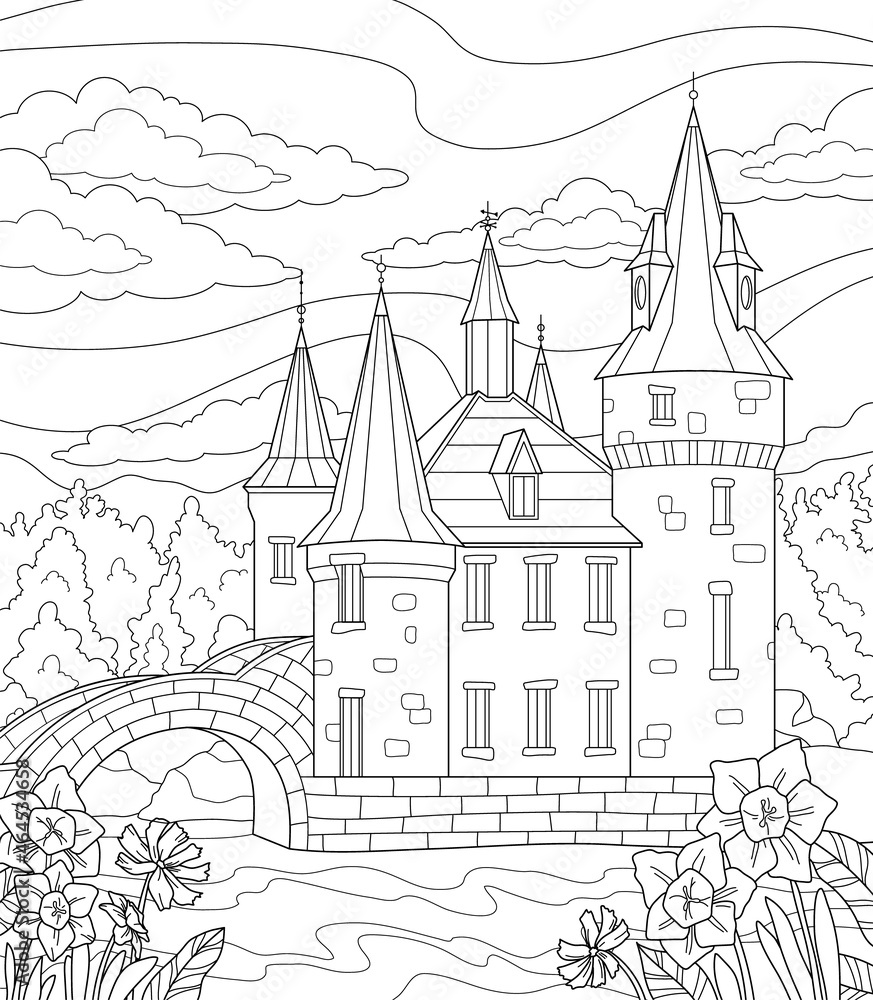 Castle by river. Linear art with palace, flowers, river, and trees. Coloring book for adults and children. Get rid of stress and fatigue. Cartoon flat vector illustration isolated on white background