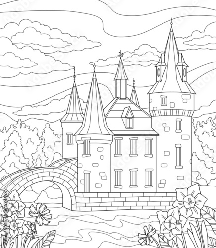 Castle by river. Linear art with palace, flowers, river, and trees. Coloring book for adults and children. Get rid of stress and fatigue. Cartoon flat vector illustration isolated on white background