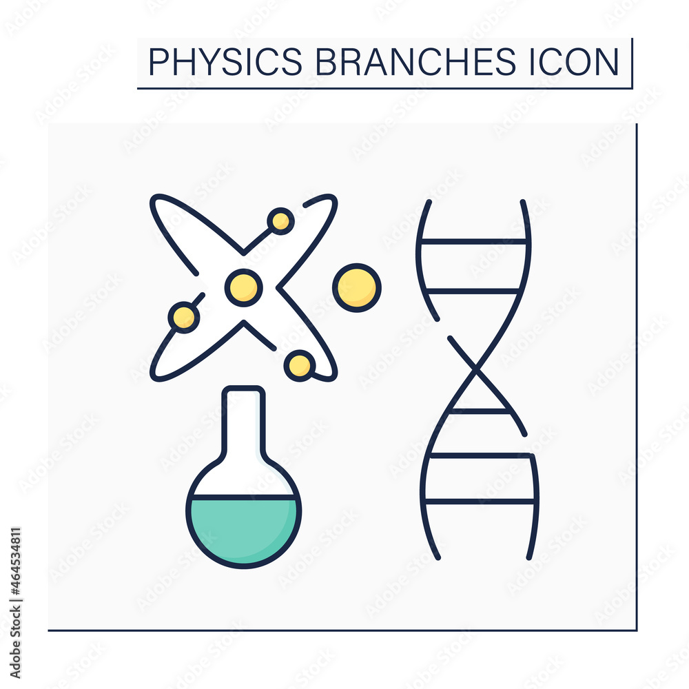 Biophysics color icon. Nature research through physical and physico-chemical phenomena. Origin, formation of vital activity. Physical branches concept. Isolated vector illustration