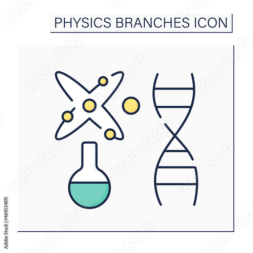 Biophysics color icon. Nature research through physical and physico-chemical phenomena. Origin, formation of vital activity. Physical branches concept. Isolated vector illustration