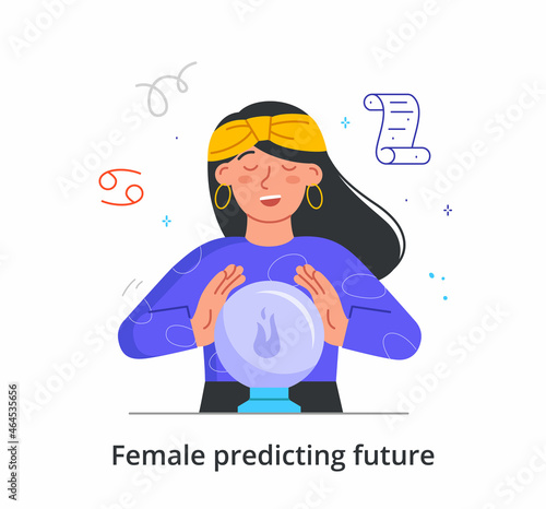 Woman predicts future concept. Fortune teller holds her hands over crystal sphere and reads spell. Female character sees fate. Cartoon modern flat vector illustration isolated on white background