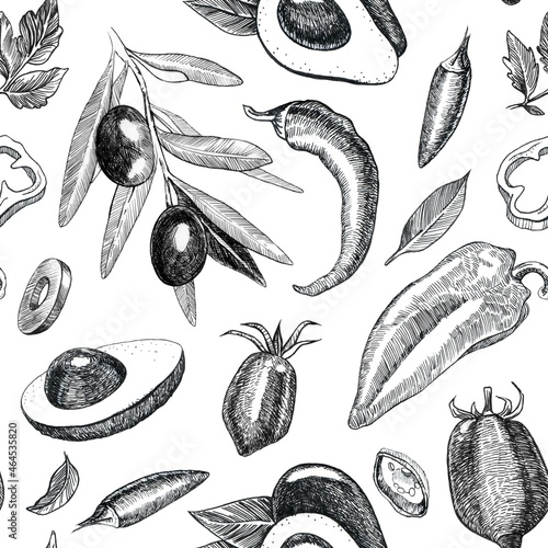 Seamless background with different vegetables. Hand-drawn in sketch style. A pattern of avocados, tomatoes, peppers and olives. Graphics. Engraving