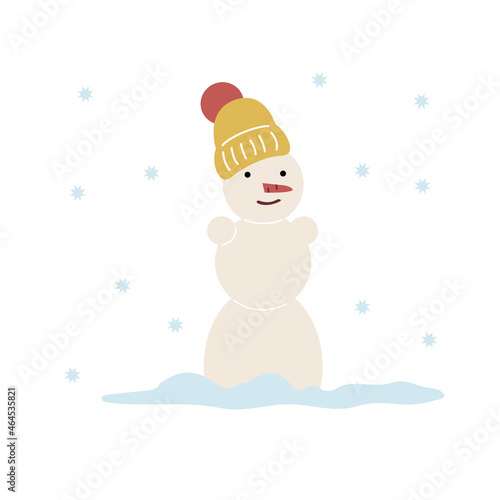 Cute cartoon snowman standing in the snow, winter park, smiling. The character for New Year winter design. Simple vector illustration in flat style isolated on white background.