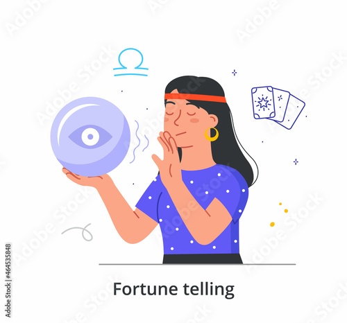 Female fortune teller concept. Woman with crystal ball in her hands predicts future. Clairvoyant tells about fate. Magic and Sorcery. Cartoon flat vector illustration isolated on white background
