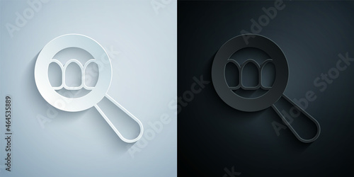 Paper cut Dental search icon isolated on grey and black background. Tooth symbol for dentistry clinic or dentist medical center. Paper art style. Vector