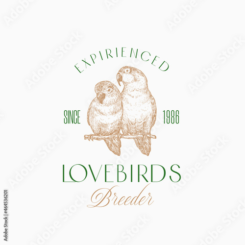 Sketch Style Abstract Vector Sign, Symbol or Logo Template. Hand Drawn Lovebirds Parrot Silhouette. Premium Quality Exotic Bird Emblem. Isolated