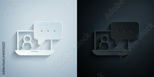 Paper cut Video chat conference icon isolated on grey and black background. Online meeting work form home. Remote project management. Paper art style. Vector