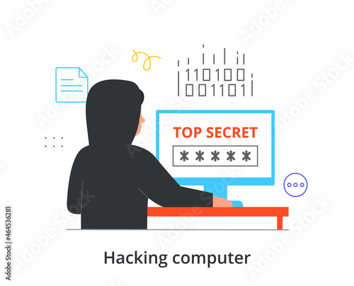 Computer hacking concept. Man picks up password to digital device and steals encrypted information. Cyber crime or hacker attack. Cartoon doodle flat vector illustration isolated on white background