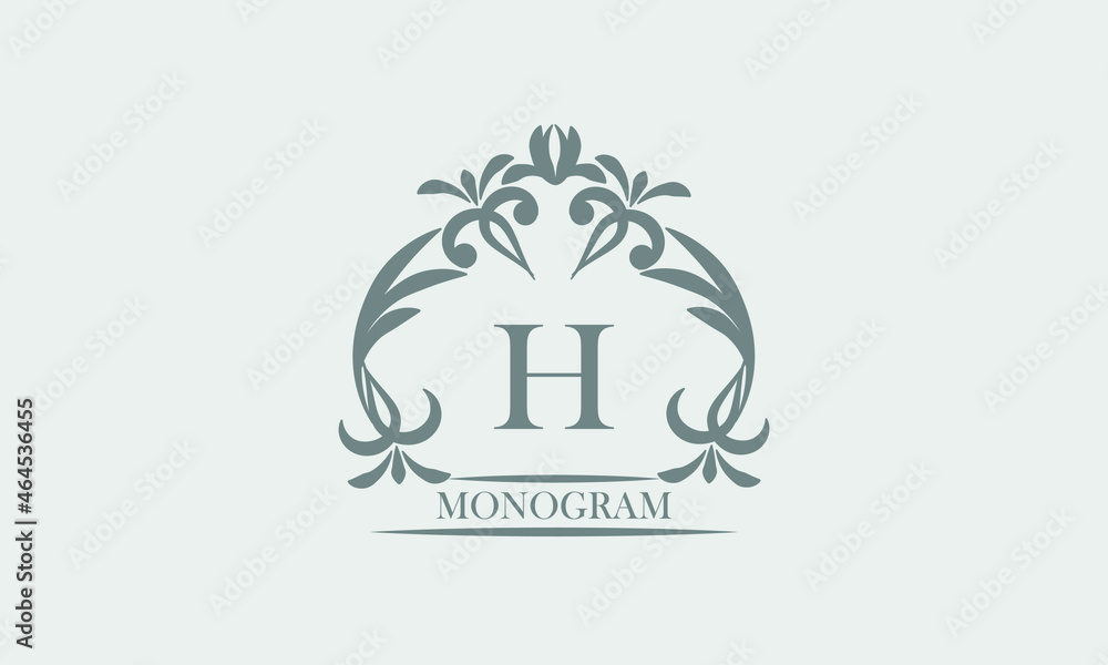 Graceful monogram in gray tones with the inscription and the letter H. Exquisite sign, logo of a restaurant, boutique, hotel, business