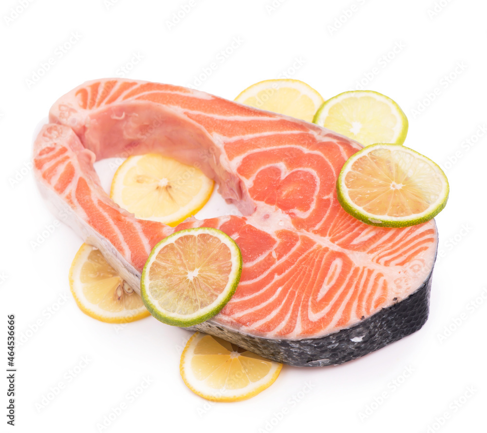 Sliced piece of fish. Steak of red fish on white background Sliced piece of fish. Steak of red fish on white background
