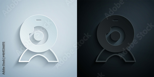 Paper cut Web camera icon isolated on grey and black background. Chat camera. Webcam icon. Paper art style. Vector