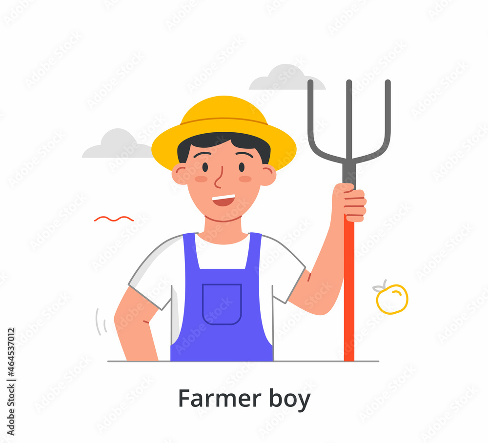 Farmer boy concept. Small child holds rake in his hand to collect leaves and dried grass. Character does housework. Garden tool. Cartoon modern flat vector illustration isolated on white background Farmer boy concept. Small child holds rake in his hand to collect leaves and dried grass. Character does housework. Garden tool. Cartoon modern flat vector illustration isolated on white background