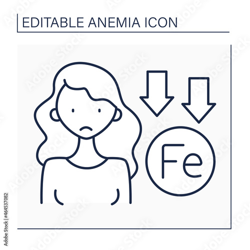 Anemia line icon. Lack of iron in woman immune system. Low life energy.Disease symptom. Health protection concept. Isolated vector illustration. Editable stroke photo