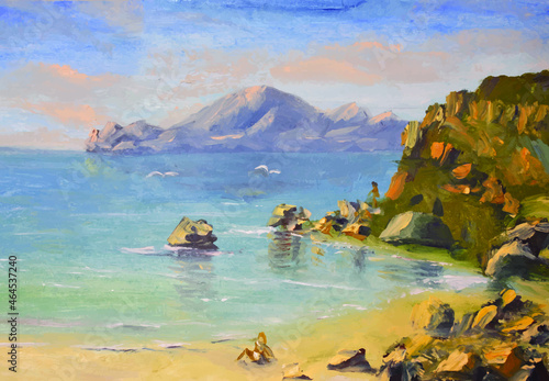 Realistic oil painting, summer landscape of the sea, mountains and beach