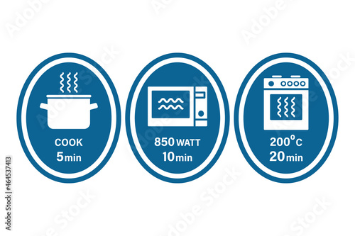 Pot, microwave and oven cooking instruction symbols. 5,10,20 minutes. Vector illustration, flat style for packaging and instructions