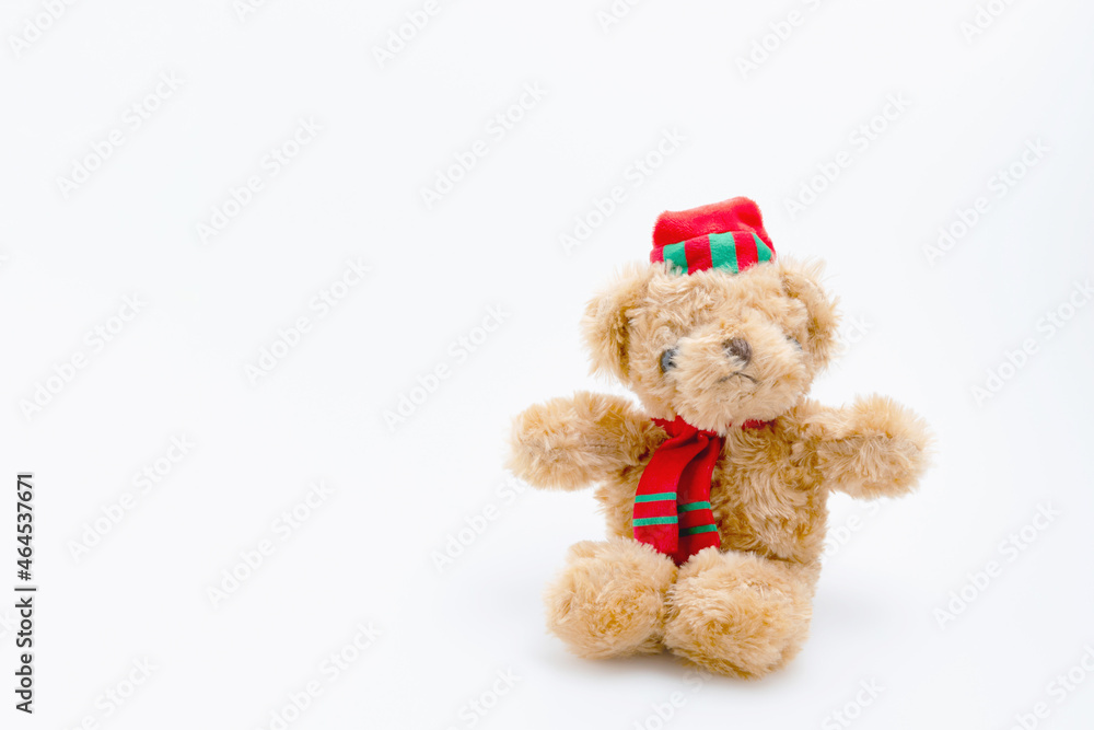 Obraz premium Single brown teddy bear sitting isolated on white background with copy space. The doll for children.