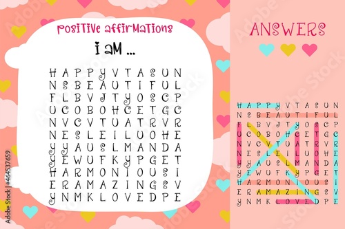 Positive affirmations word search puzzle. Activity game page to attract an audience on social networks. Crossword positive thinking with answers. Find hidden words. Vector poster for social media