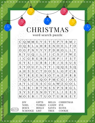 Christmas word search puzzle. Printable worksheet about winter holidays. Educational crossword game for children and adults. Party card. Page for learning English. Xmas vector illustration with lights