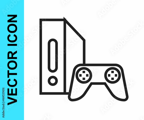 Black line Video game console with joystick icon isolated on white background. Vector