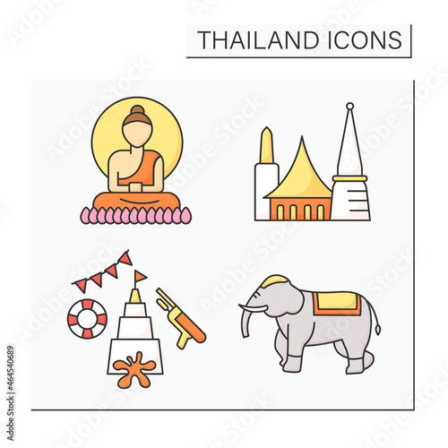 Thailand color icons set. Buddha statue, Bangkok, Songkran, elephant. Traditional culture things. Country concept. Isolated vector illustrations 