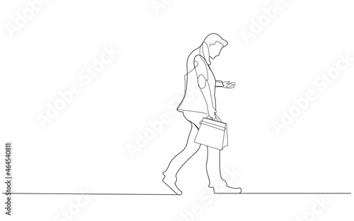 Businessman walking and typing sms message on cell phone. Man walking for marketing  poster  travel agency and magazine. Creative business concept  vector illustration