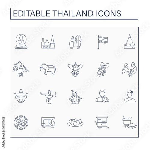 Thailand line icons set. Traditional culture things. Ancient tradition, religious and state symbols. Country concept. Isolated vector illustrations. Editable stroke