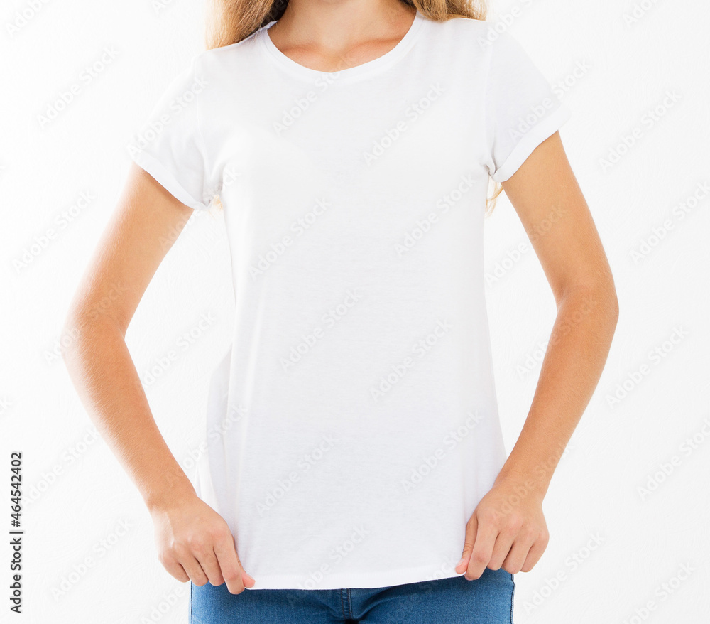 close up white t-shirt on a girl with perfect body copy space close up white t-shirt on a girl with perfect body copy space