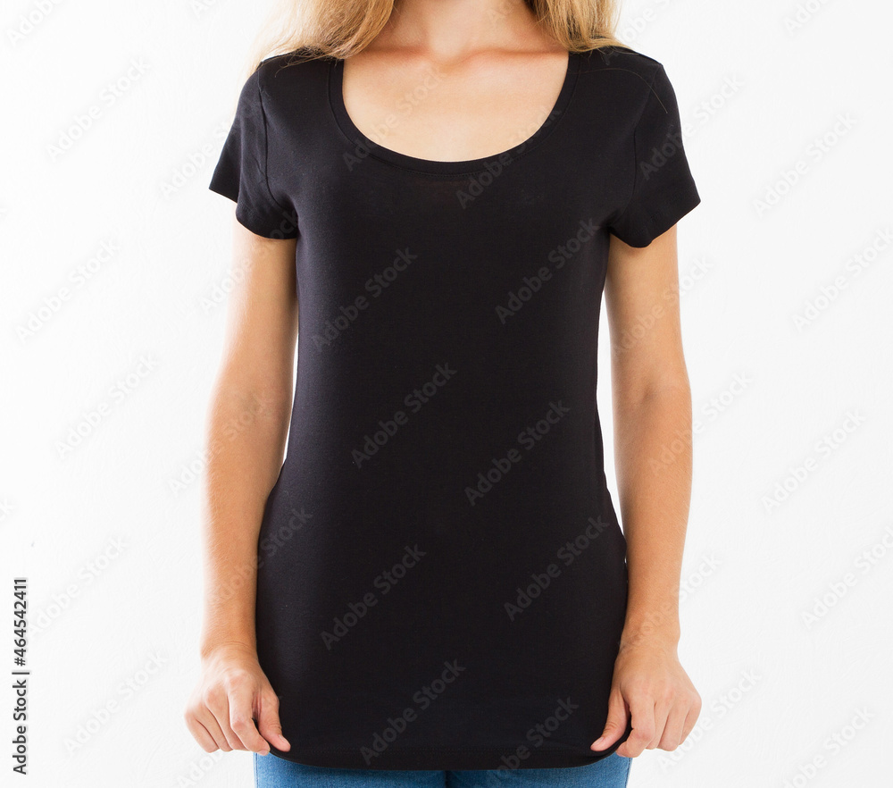 lady black tshirt closeup isolated copy space lady black tshirt closeup isolated copy space