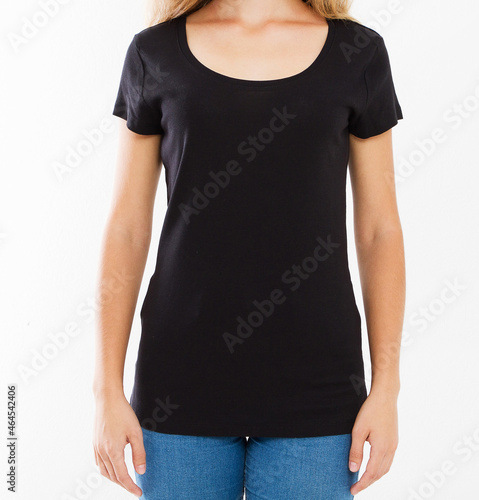 closeup black t shirt female isolation over white