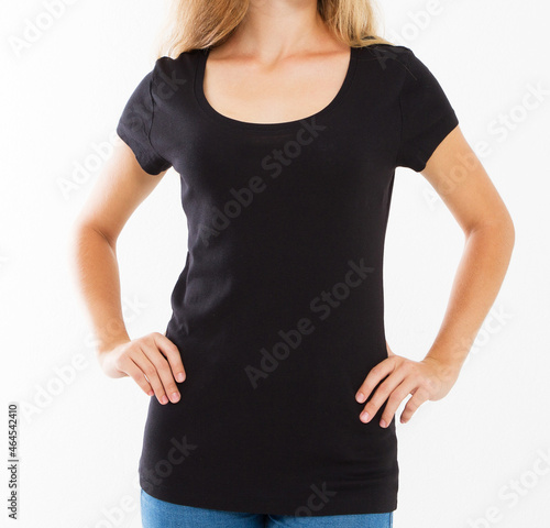 Young woman in black shirt on white background
