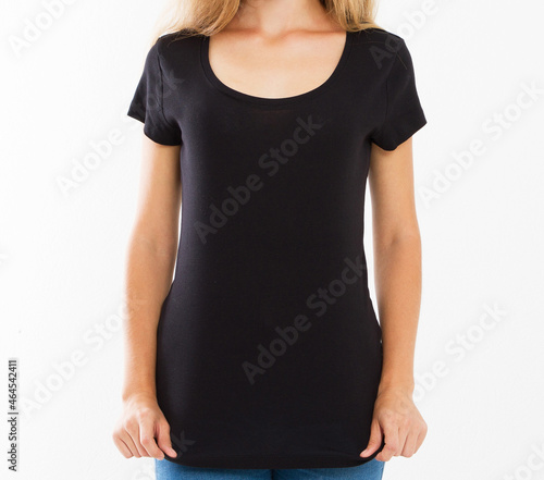 lady black tshirt closeup isolated copy space