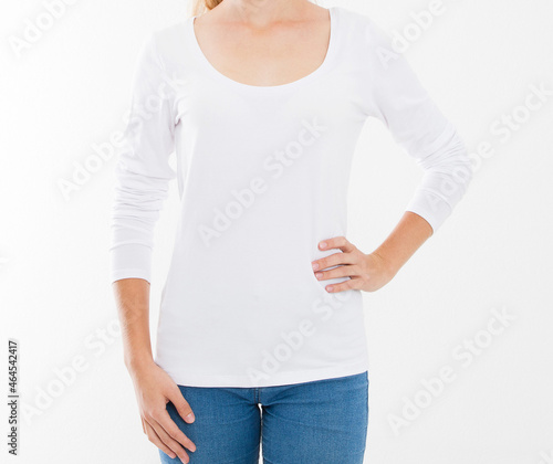 White tshirt on a young lady template isolated on white background