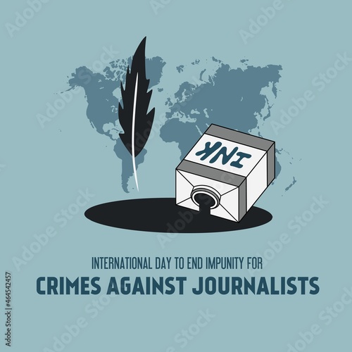 Feather quill pen and spilled ink bottle on world map background illustration. Freedom of expression and access to information for all citizens concept. End impunity for crimes against journalists.